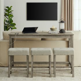 59 Inch Bar Table, Dining Table, Sofa Table with Power Outlet, 3 Upholstered Stools, 4 Piece Bar Table and Chair Set for Living Room, Dining Room