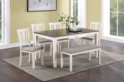 Beautiful 6-Pc Dinette Chalk Gray Finish Rectangular Table Upholstered Chair Bench Dining Room Wooden Dining Set Furniture Transitional Contempor