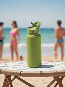 Sports Water Bottle With Portable Handle, Straw, Stainless Steel, American-style, Wide-mouth, Thermal Insulation Cup (Color: green)